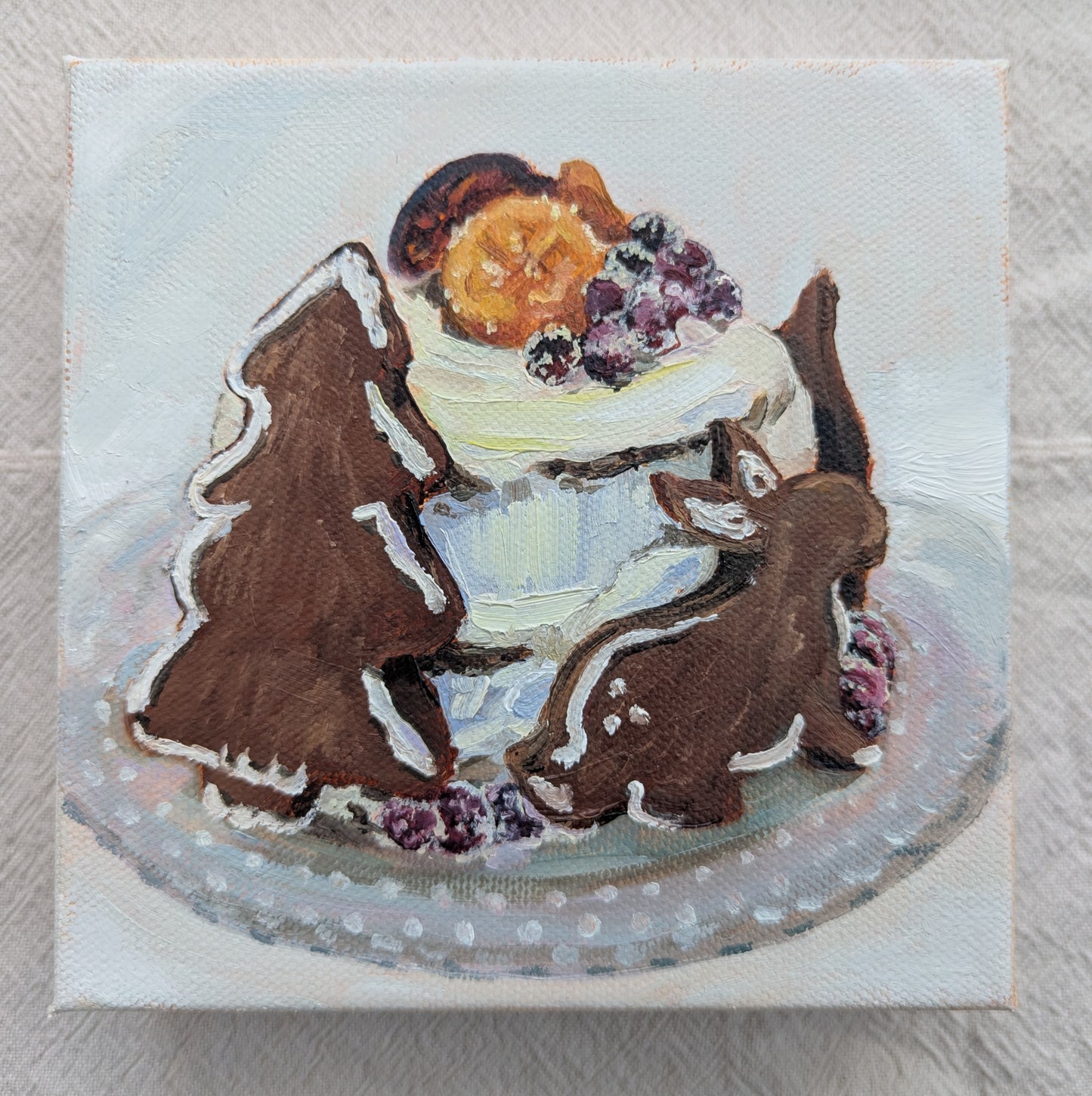 Original oil painting of gingerbread cake on white plate, 6x6 inches on stretched canvas by Emily Langer