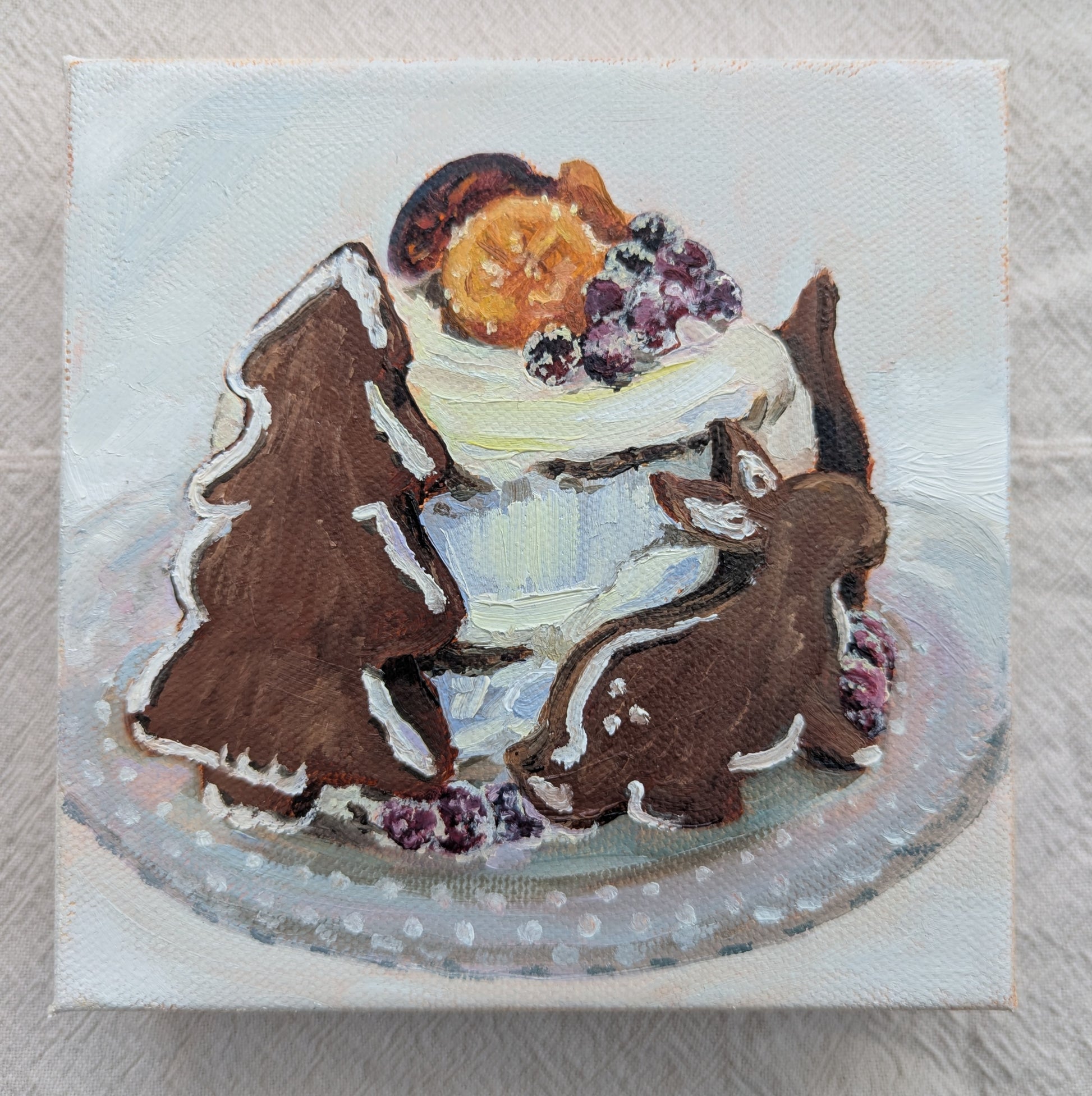 Original oil painting of gingerbread cake on white plate, 6x6 inches on stretched canvas by Emily Langer