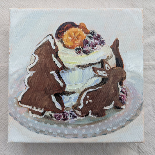 Original oil painting of gingerbread cake on white plate, 6x6 inches on stretched canvas by Emily Langer